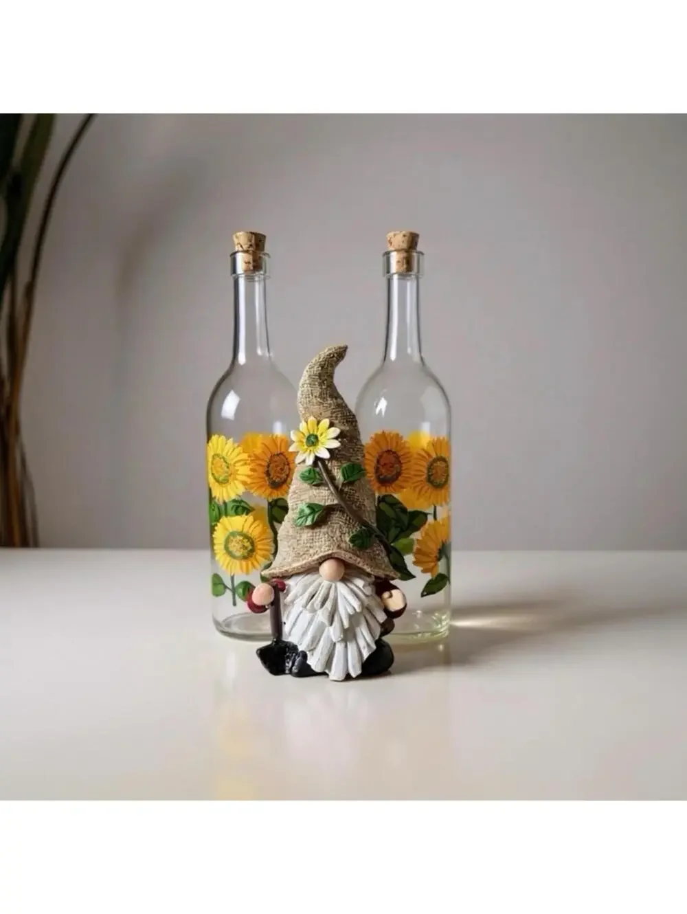 Vintage Sunflower Glass Bottles with Cute Garden Gnome Figurine
